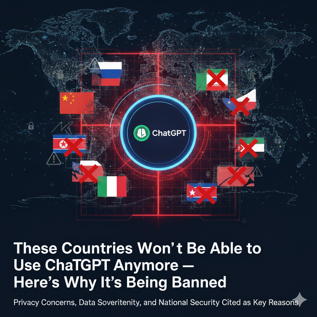 “Map highlighting countries where ChatGPT is banned, including Italy, China, Russia, Iran, North Korea, Cuba, and Syria — ban due to privacy, censorship, and political concerns.”