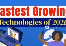 Fastest Growing Technologies of 2026 digital innovation future tech trends laptop smartphone AI and modern technology illustration