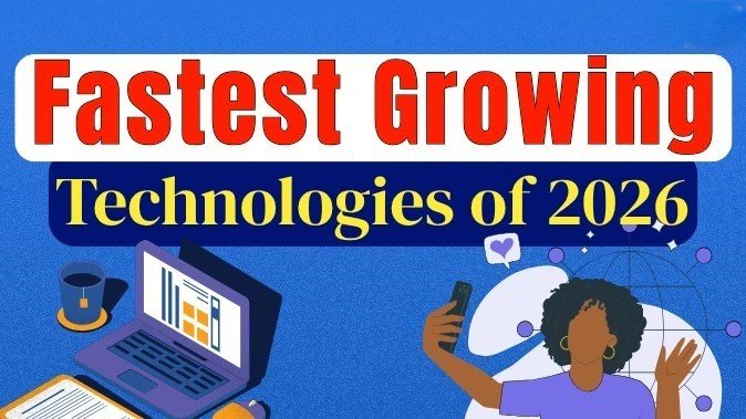 Fastest Growing Technologies of 2026 digital innovation future tech trends laptop smartphone AI and modern technology illustration