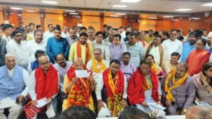 Dilip Ray filing Rajya Sabha nomination in Bhubaneswar with BJP leaders