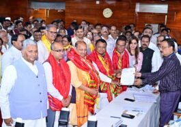 Dilip Ray filing Rajya Sabha nomination in Bhubaneswar with BJP leaders