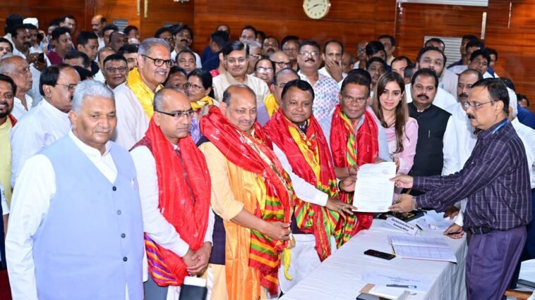 Dilip Ray filing Rajya Sabha nomination in Bhubaneswar with BJP leaders