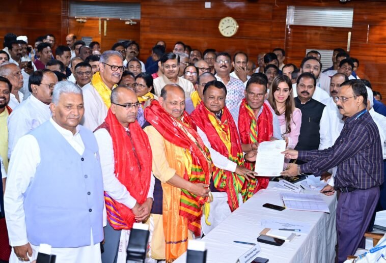 Dilip Ray filing Rajya Sabha nomination in Bhubaneswar with BJP leaders
