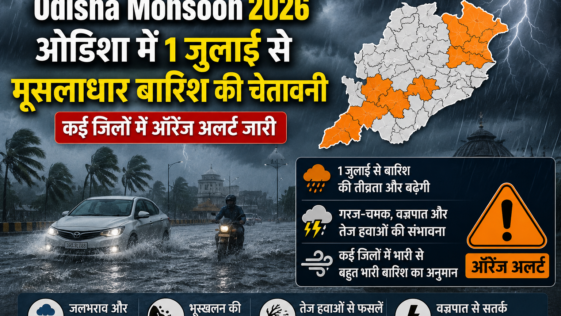 Odisha Monsoon 2026 heavy rainfall over dark clouds with Orange Alert across multiple districts