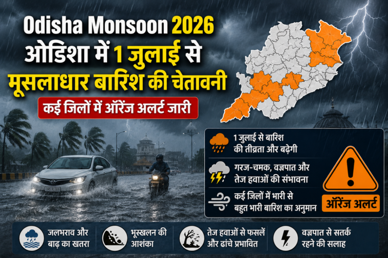 Odisha Monsoon 2026 heavy rainfall over dark clouds with Orange Alert across multiple districts